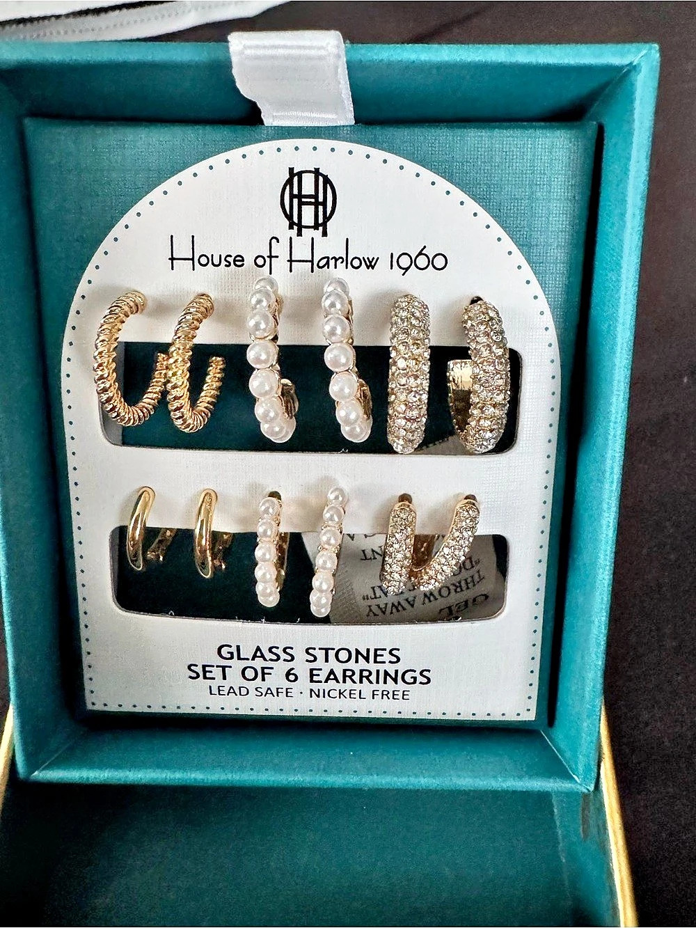 NIB House of Harlow 1960 Glass Stones Set of 6 Earrings